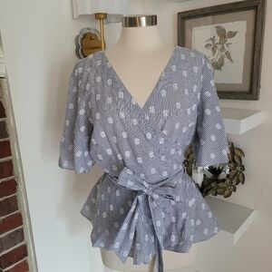 Loft Blue Striped Women's Wrap Too Flutter Sleeves Size Large